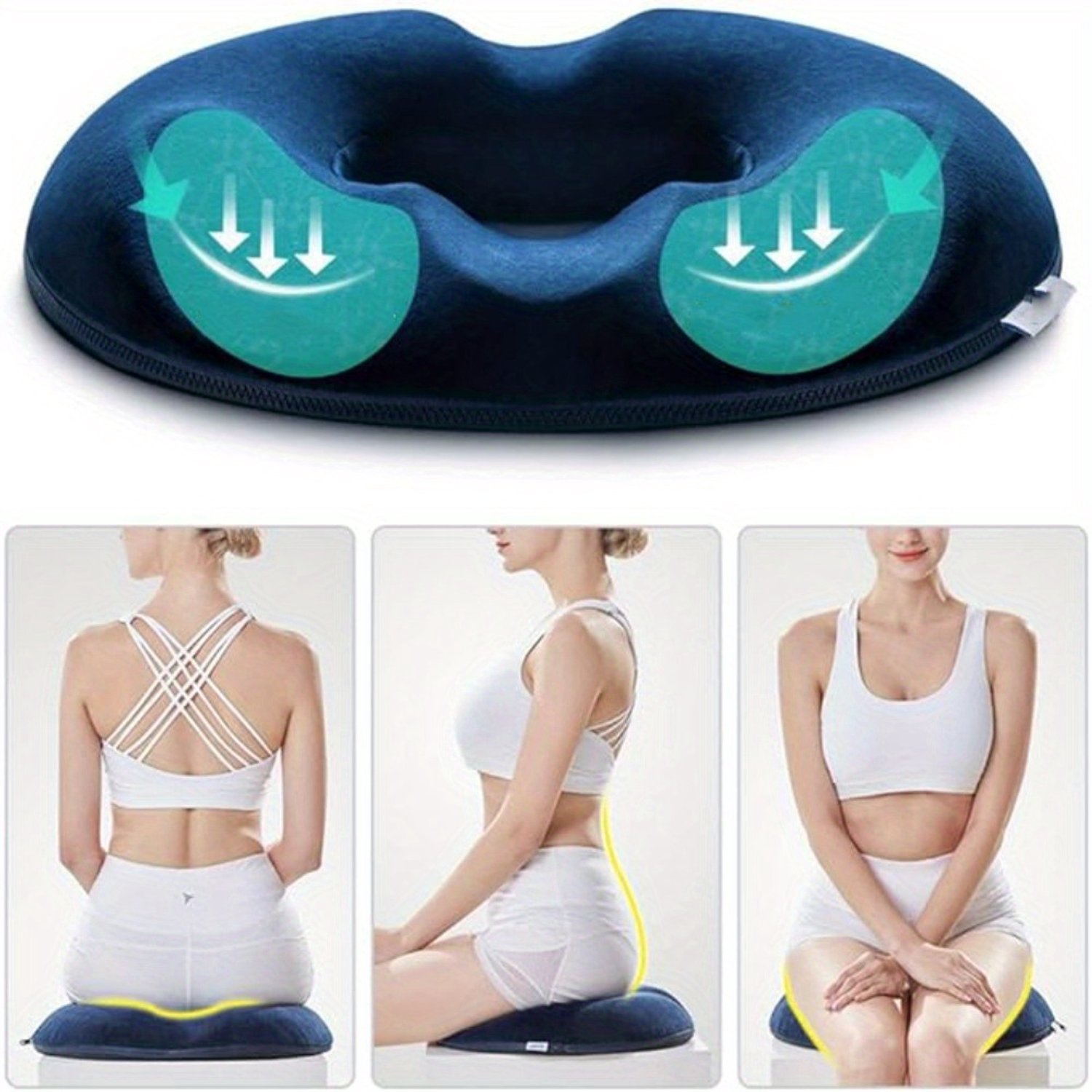 JIMUYU Donutkussen Van Traagschuim Met Holle Kern – 45 x 40 x 7 cm En Hoes Met Ritssluiting – Verlicht Stuitje, Ischias En Rugpijn – Voor Bureau, Auto En Vliegtuig – Marineblauw