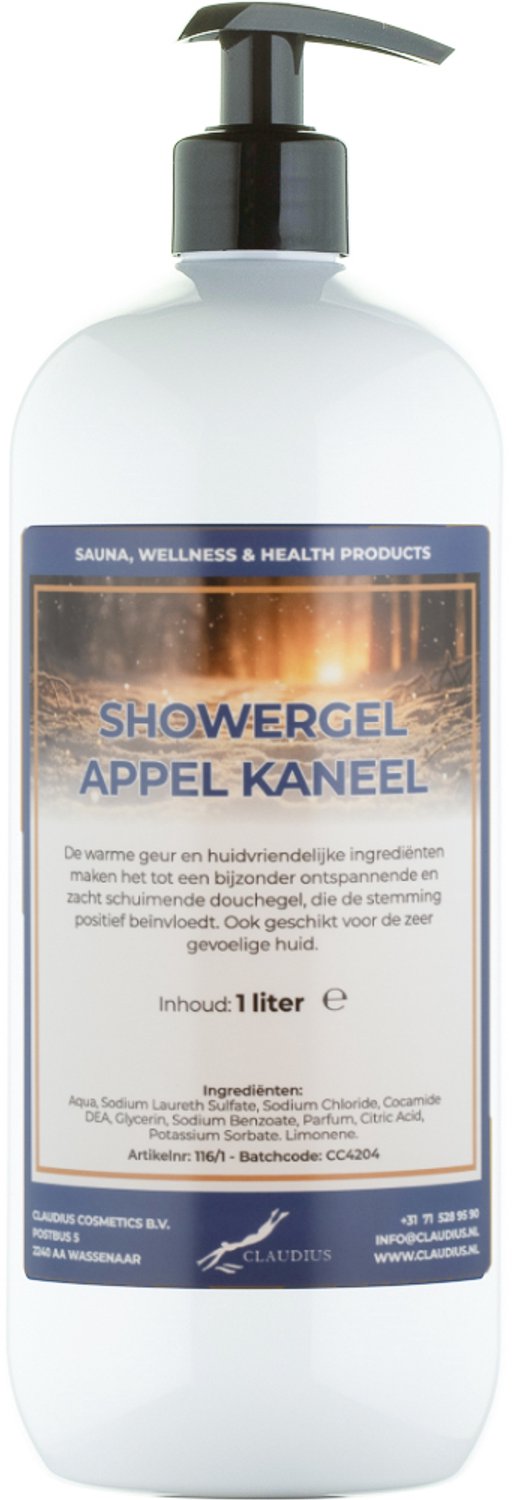 Claudius Douchegel Appel-Kaneel 1 liter met gratis zwarte pomp - showergel - navulling - voordeelverpakking