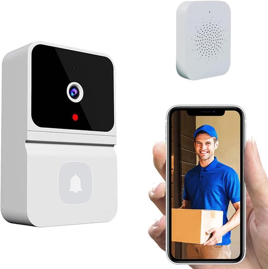 Witte deurbel met camera en ontvanger, smartphone toont bezorger in blauw uniform via de app.
