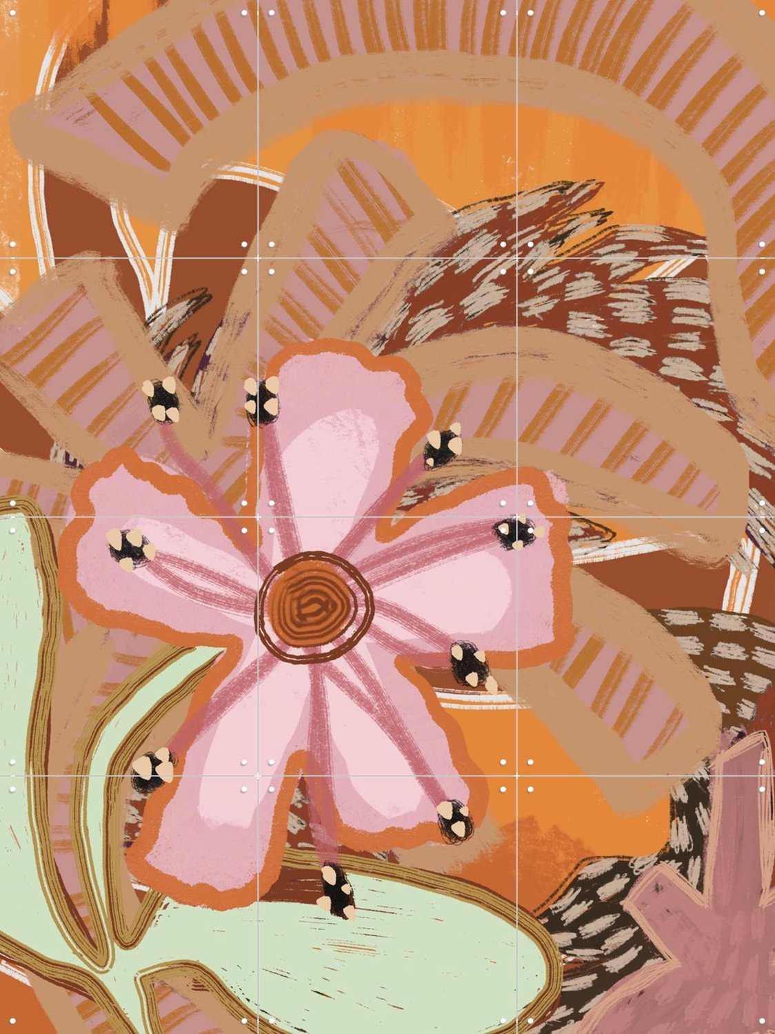 IXXI Floray, Lotte Snoek - 60 x 80 cm - Grote wanddecoratie en posters - Illustraties, Modern, Abstract, Woonkamer, Eetkamer, Bloemen Bruin / Roze