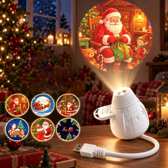 Kerstprojector - Met 6 Kerstafbeeldingen - USB - Kerst Projectielamp - Kerst Led-projector - Plug and Play - Vakantieprojector - LED Projector - Projectorlamp - Mini Feestelijke Projector - Kerstdecoratie - Voor kamperen, auto, plafond, wanddecoratie