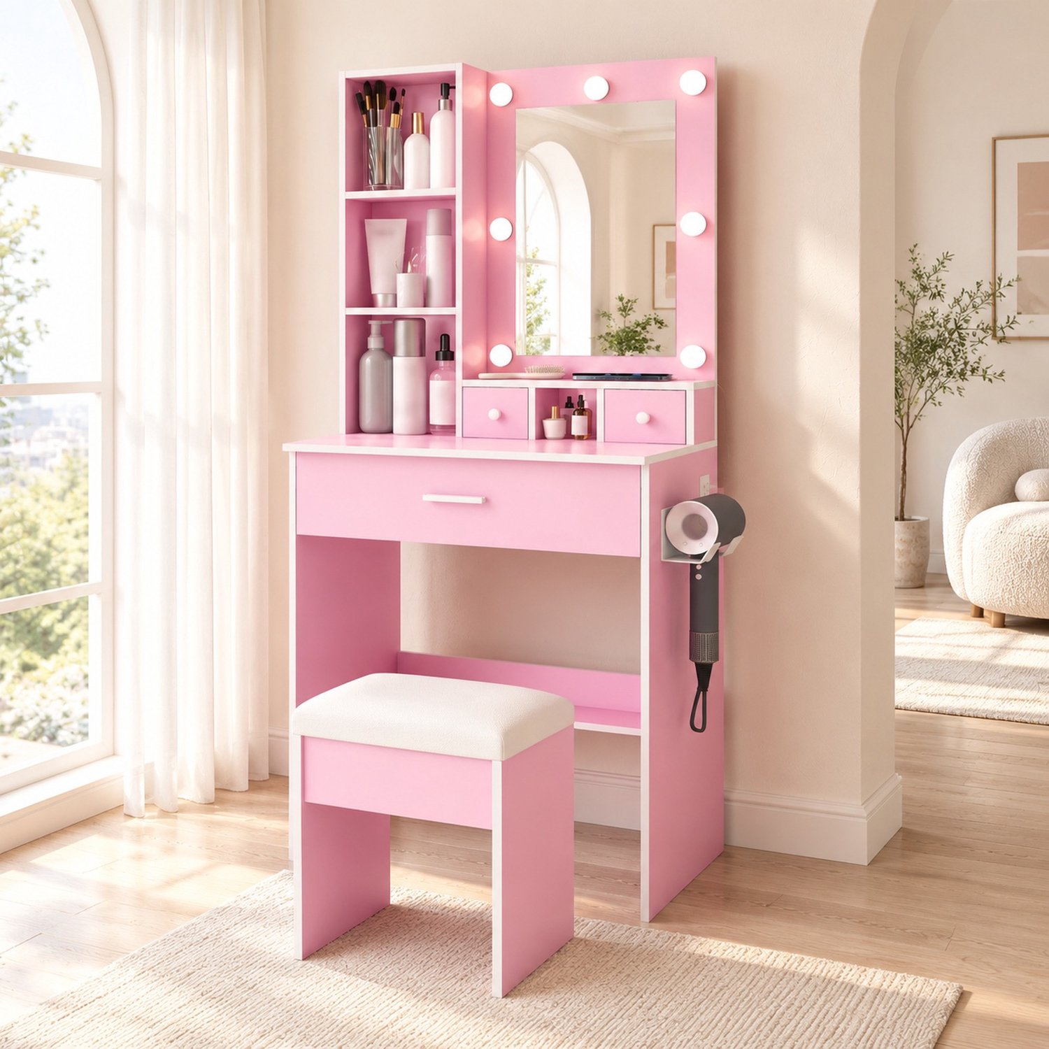 CHICFURN Kaptafel - LED-verlichting - Spiegel met lades - Roze