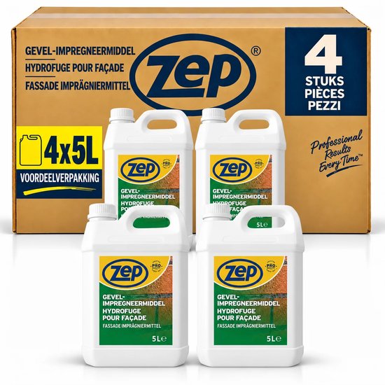 Voordeelverpakking met vier flessen Zep gevelimpregneermiddel van 5L, 4x5L in een doos.