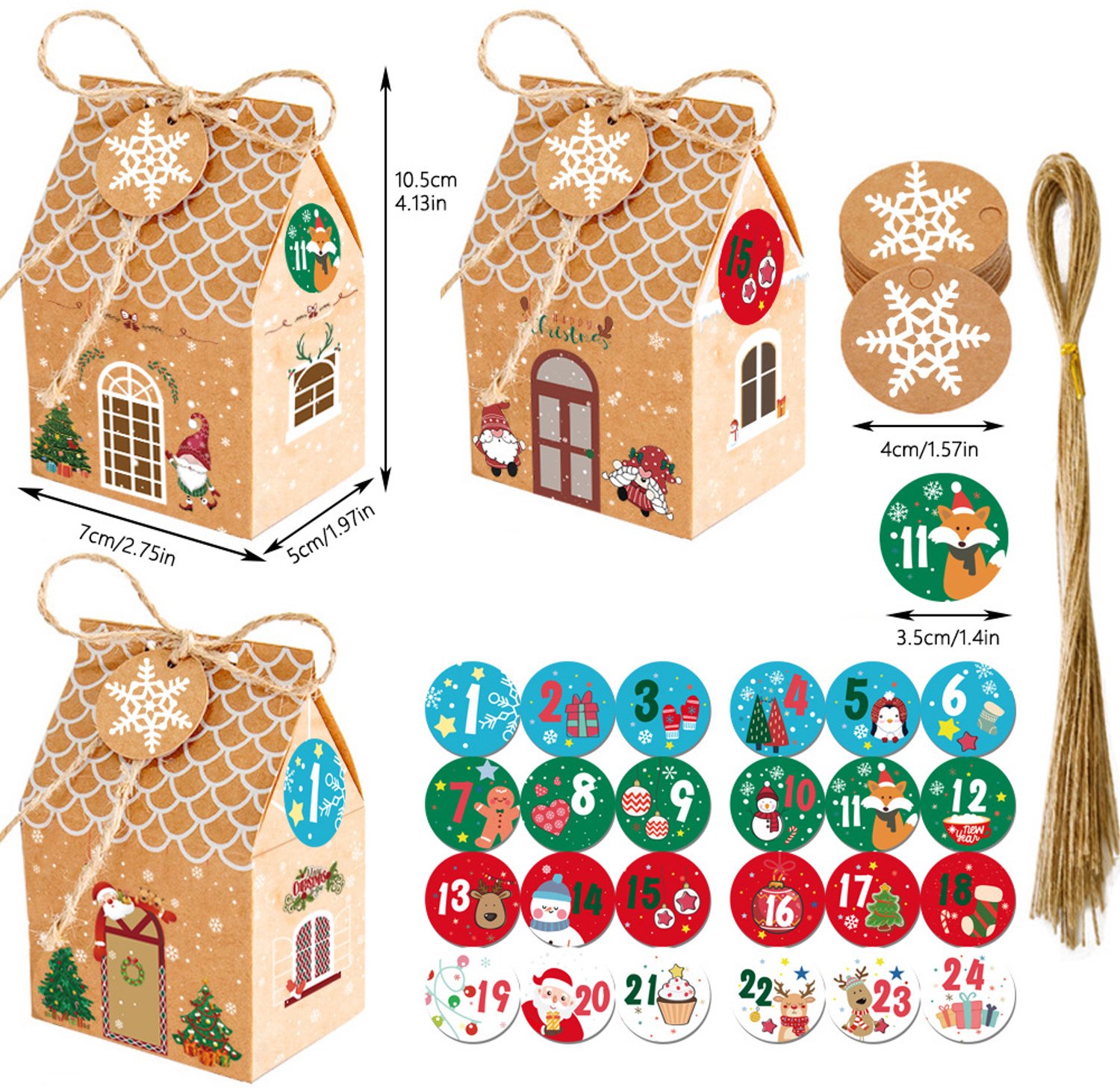 KZQ 24 Stuks Kerstgeschenkdozen – Verpakkingsdozen – Geschenkdozen – Inclusief touw, labels en stickers – Kerstdecoratie – Geschikt voor cadeaus voor kinderen en volwassenen, feestartikelen en geschenken – 3 stijlen