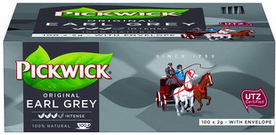 Doos Pickwick Earl Grey thee met afbeelding van een koets, 100 theezakjes met envelop, 100% natuurlijk.