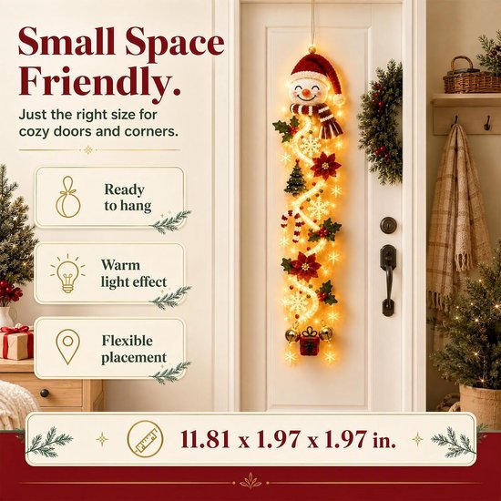 Kerstdeurhanger van 29,9 cm met sneeuwpop en warme LED-verlichting. Tekst: Small Space Friendly, 11.81 x 1.97 x 1.97 in.