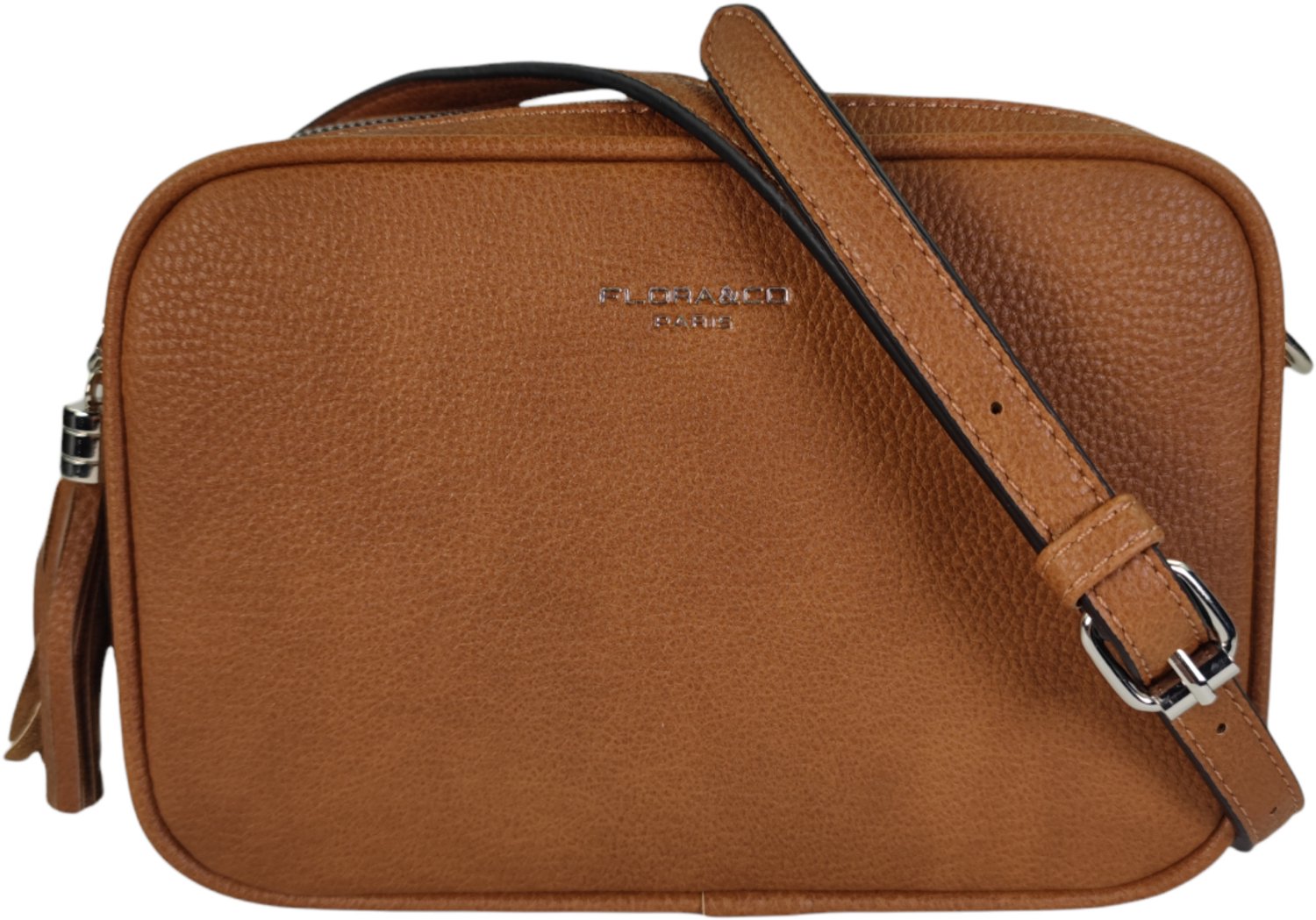 Flora&Co - KAEL - zacht generfd imitatieleer - crossbody handtas dames- 2 vakken met rits - lange instelbare riem - camel/bruin
