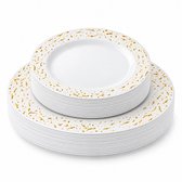 Decorline - Premium herbruikbare kunststof partyserviesset - 32-delig - Pebbled Combo - wit/goud - stabiel, herbruikbare bordenset - 2 maten (16 x 26 cm, 16 x 19 cm)