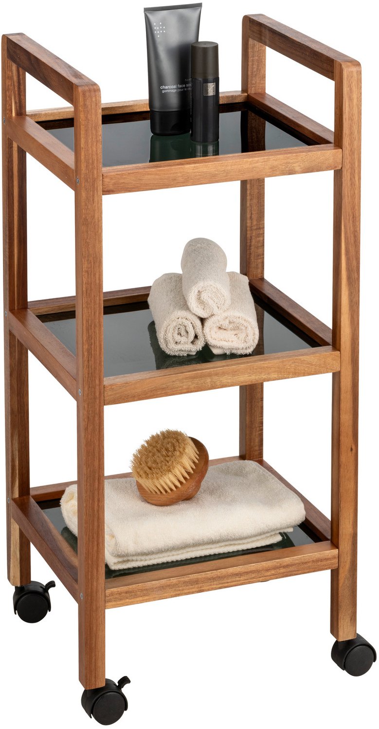 WENKO - Opbergrek - Mobiele acaciahouten rek FONDI, 3 niveaus, hoogte 76,5 cm