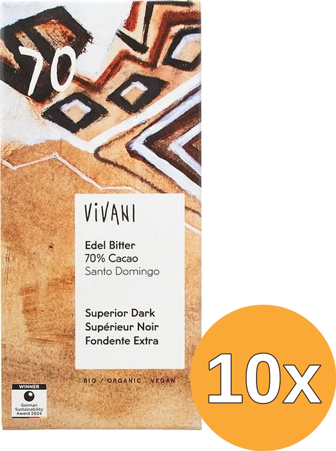 10x Vivani Chocolate Bar Superior Dark 70% Cacao (80 gr)