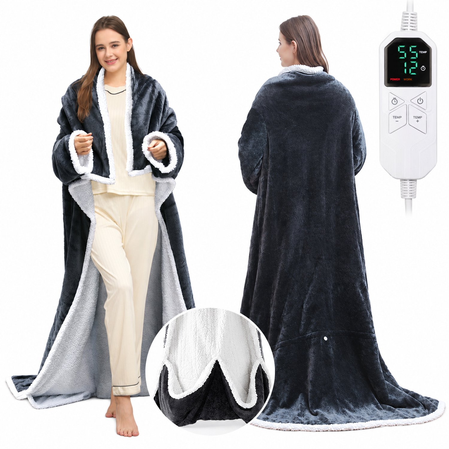 Elektrische Deken - 177x127cm - 35-55°C - 8 Standen - 6 Timers - Warmtedeken Met Mouwen, Voetzak & Capuchon - Verwarmde Deken - Fleece Bovendeken - Voor Thuis & Kantoor - Grijs