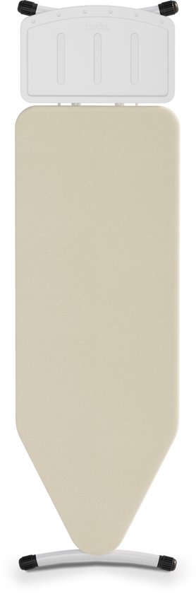 Bovenaanzicht van een crème Bodo strijkplank met witte stoomunit houder en wit frame.