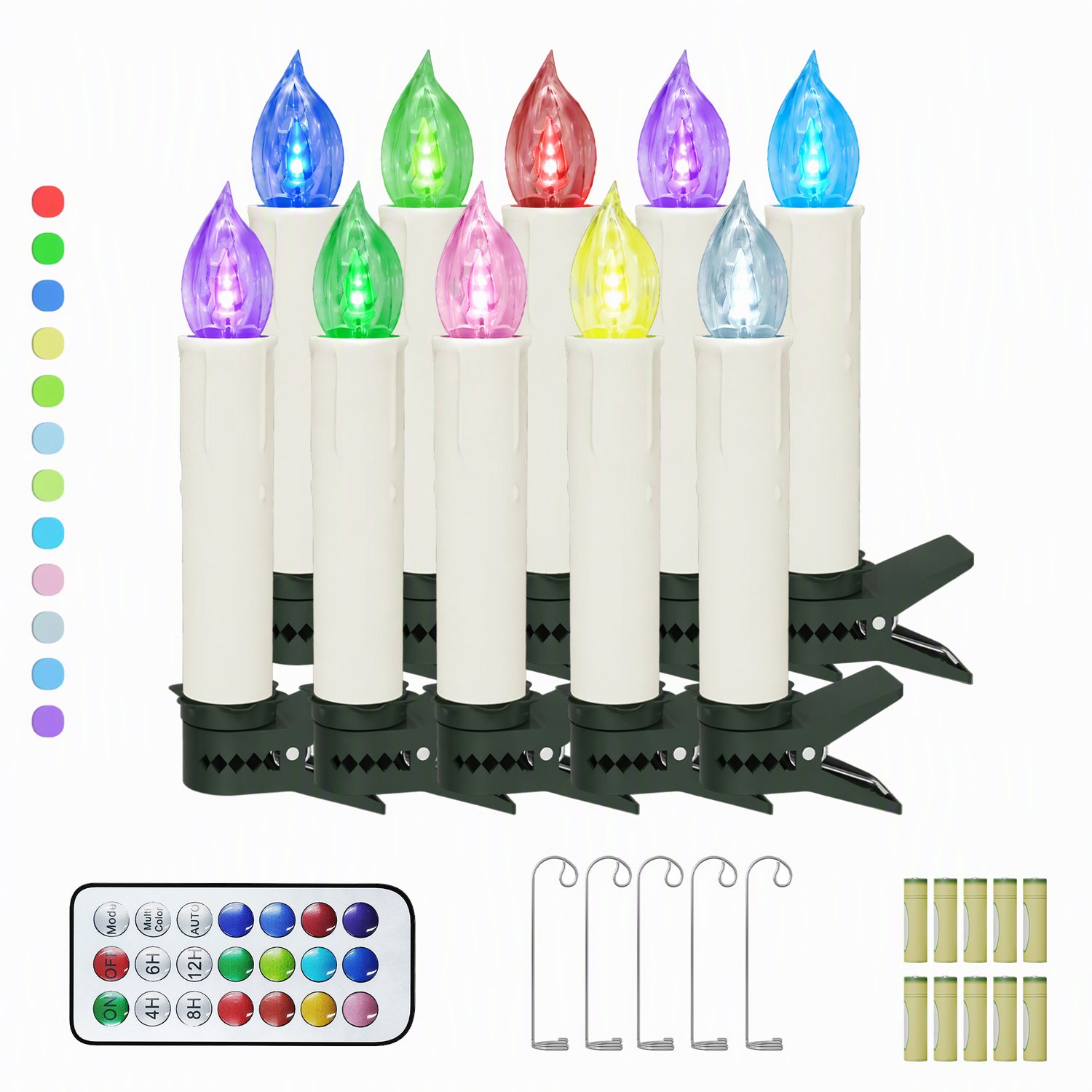 Aufun LED Afstandsbediening Kerstkaarsen - 10 Stuks - Gekleurd licht - Werkt op batterijen - 12 kleuren die van kleur veranderen Vlamloze Kaarsen met Timerfunctie - Voorzien van clips en haken- voor Bruiloften Kerstversiering Gebroken wit