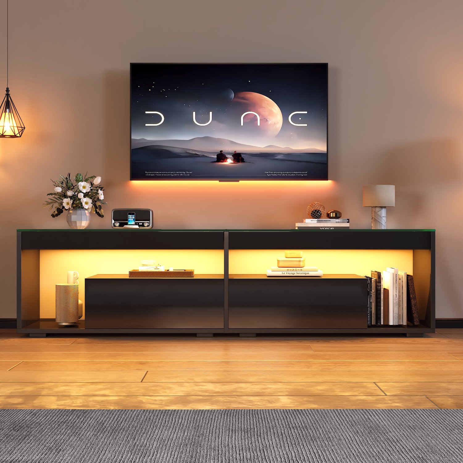 Welltin Zwart hoogglans tv meubel met led verlichting - tv kast voor televisie tot 70 inch - 180 cm breed - woonkamer - 180 x 40 x 46 cm