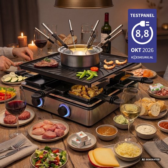Princess Gourmetstel - Raclette en Fondue 31x31cm - 162670 - 1800W - 8 Personen - Incl vorkjes en spatels - 5-in-1 Functionaliteit - PFAS vrij - Grillen, bakken, funcook — afbeelding 2