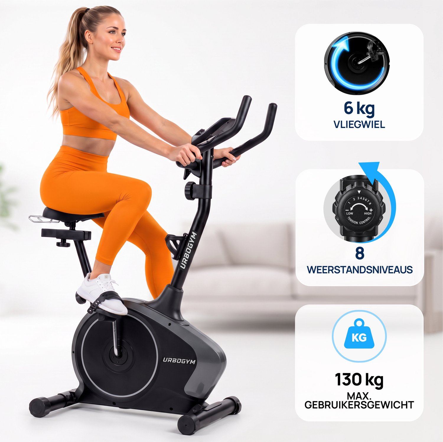 URBOGYM ARGO SILVER Hometrainer - Magnetische Fitnessfiets - 8 Weerstandsniveaus - Vliegwiel 6 kg - Max. 130 kg - Grijs