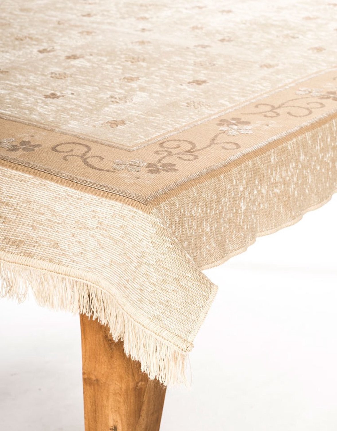 Handweef Tafelkleed Hortensia 4 - 125 x 125 cm - bloemen - beige - bruin / taupe - chenille afgewerkt met franjes