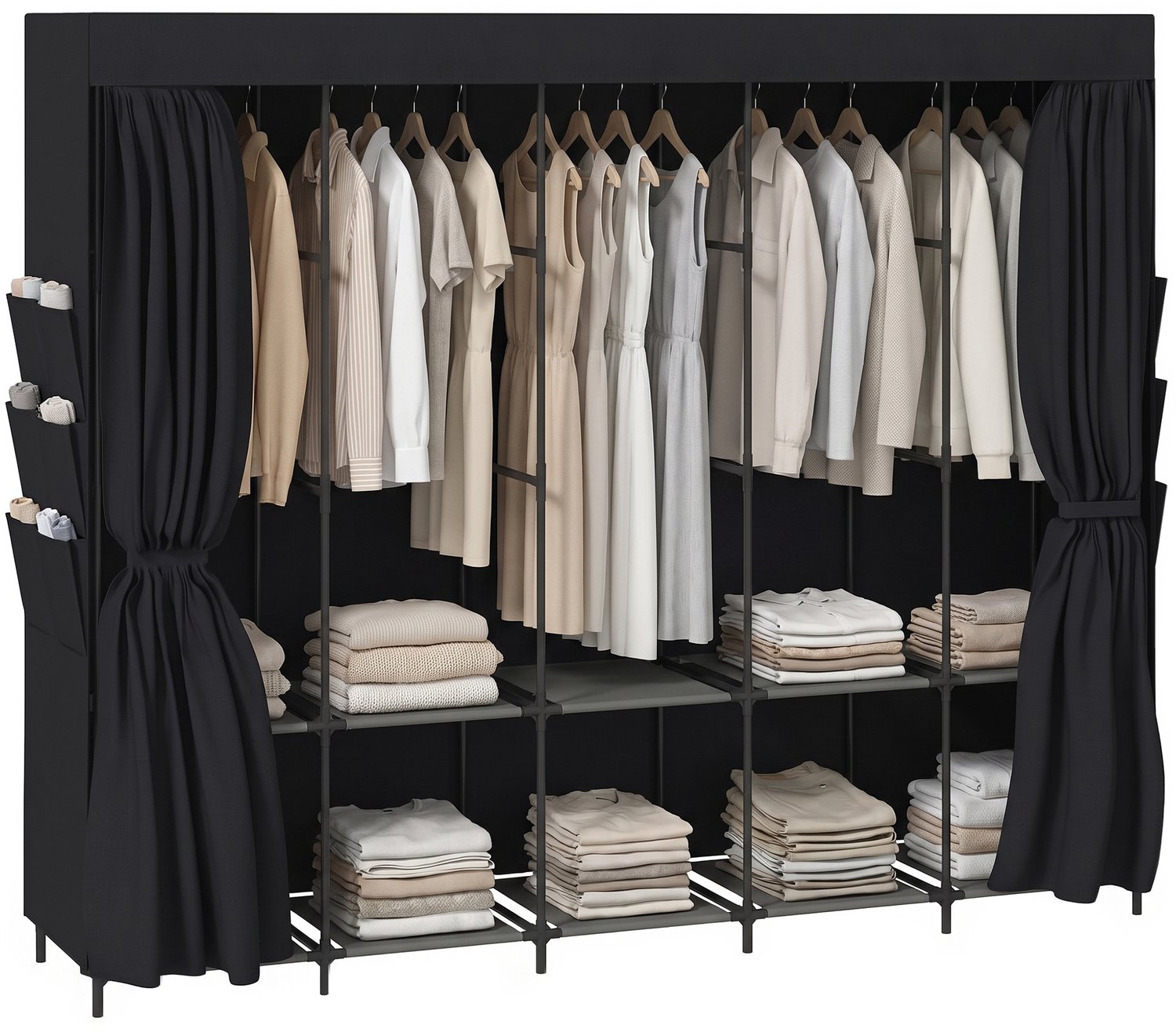 ECTEATOY Stoffen Kledingkast - met 5 Roedes & 5 Planken - 212x45x167 cm - Zwart