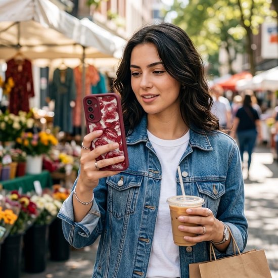 Vrouw in een spijkerjasje op een markt, houdt een bordeauxrood telefoonhoesje met lippenprint vast.
