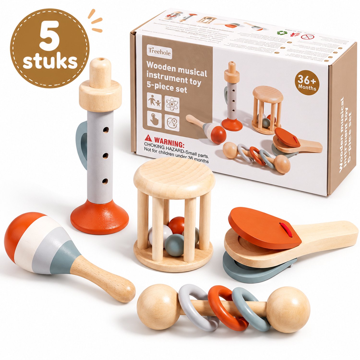 Flero Houten Rammelaar Set 5 Stuks - Montessori Geluidsspeelgoed en Muziekinstrumenten voor Baby's en Peuters - Sensorisch Babyspeelgoed voor Grijpen en Fijne Motoriek - Kraamcadeau, Babyshower Cadeau