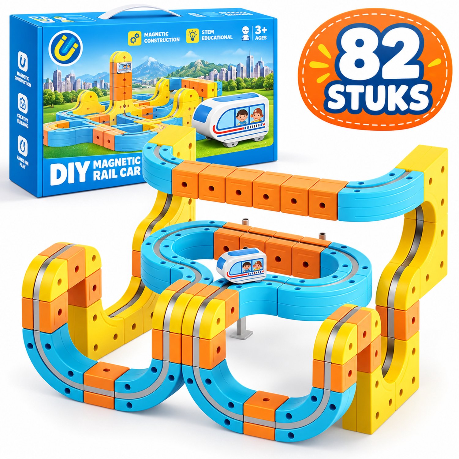 Flero Magnetische Racebaan 82 Delig - DIY Bouwset met Trein, Rails en Verkeersborden - STEM Constructiespeelgoed voor Kinderen vanaf 3 Jaar - Educatief Montessori Speelgoed, Speelgoed zonder Scherm, Verjaardagscadeau, Sinterklaascadeau