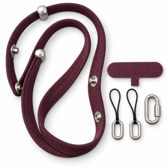 Paars telefoonkoord met magnetische bevestigingsonderdelen, ringen en metalen clips.