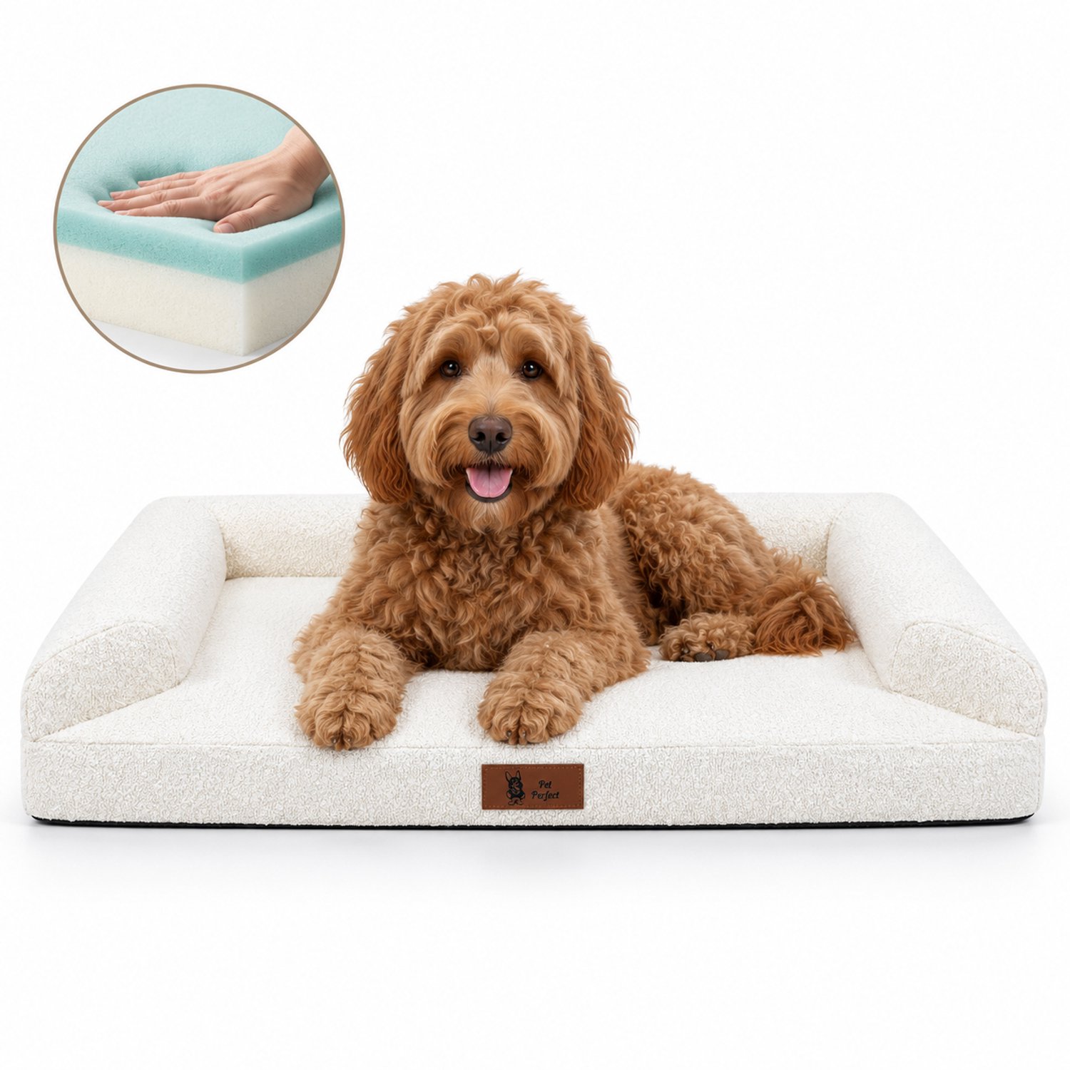 Pet Perfect BonoBed Sofa Orthopedische Hondenmand - Memory Foam - Wasbaar Hondenbed - Verhoogde Rand - Waterafstotende Binnenhoes - 91x69 cm - L - Bouclé Beige