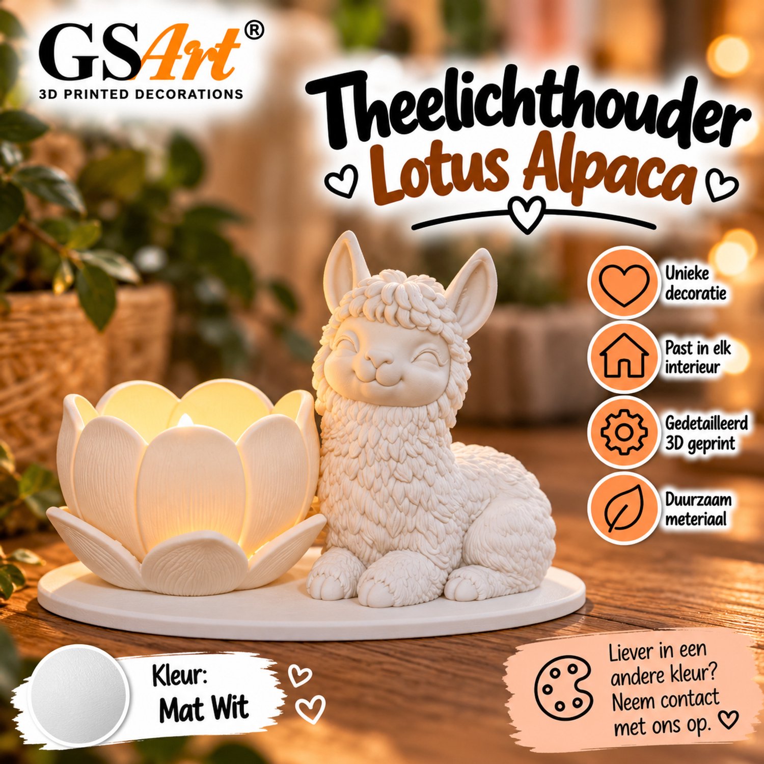 GSArt Theelichthouder Lotus Alpaca – Inclusief LED Theelichtje – 3D Geprint - Mat Wit