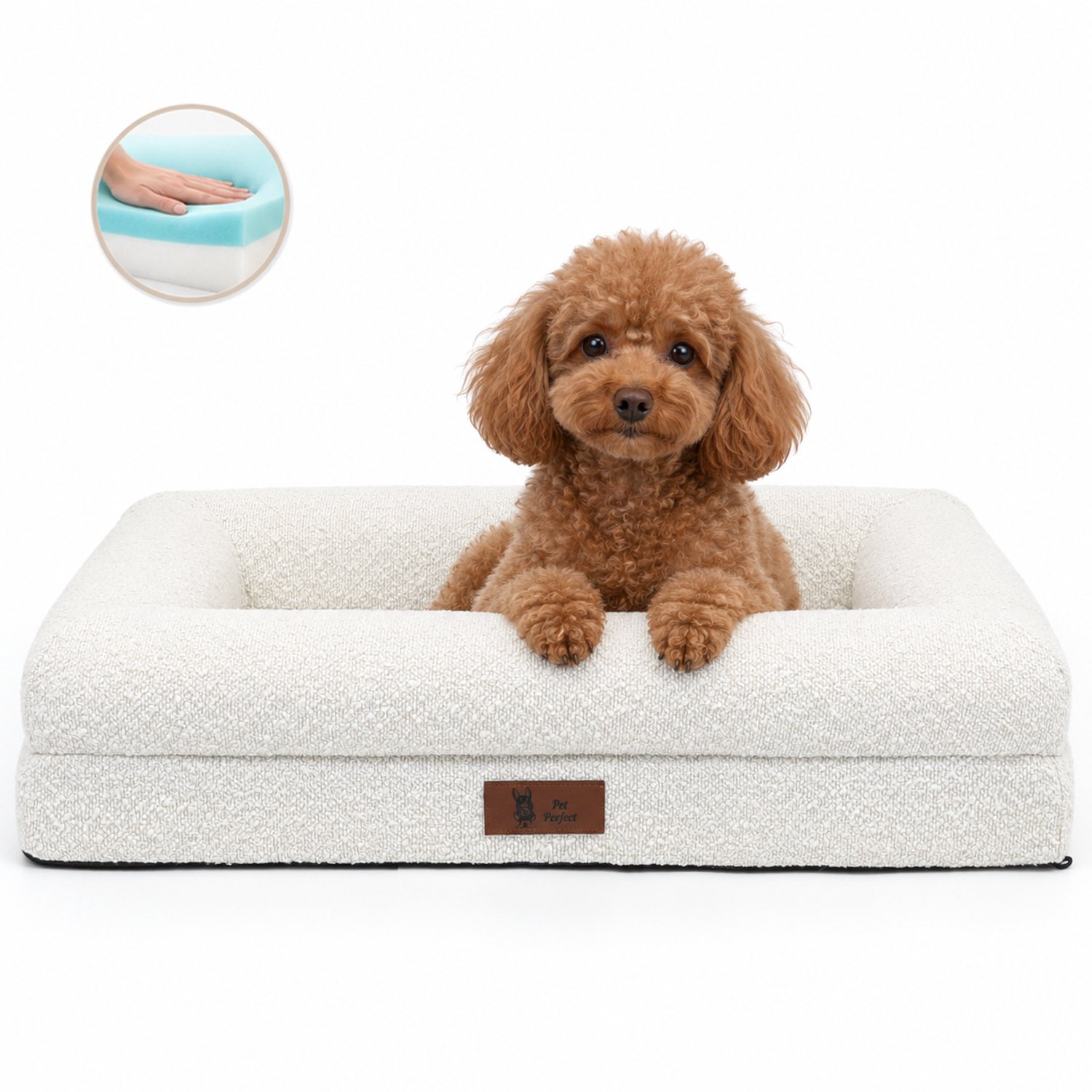 Pet Perfect BonoBed Orthopedische Hondenmand - Memory Foam - Wasbaar Hondenbed - Verhoogde Rand - Waterafstotende Binnenhoes - 76x51 cm - M - Bouclé Beige