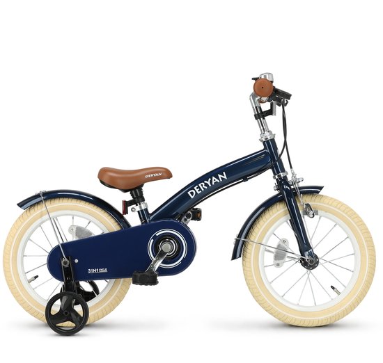 Donkerblauwe Deryan kinderfiets met bruin zadel, handvatten, crèmekleurige banden en zijwieltjes.