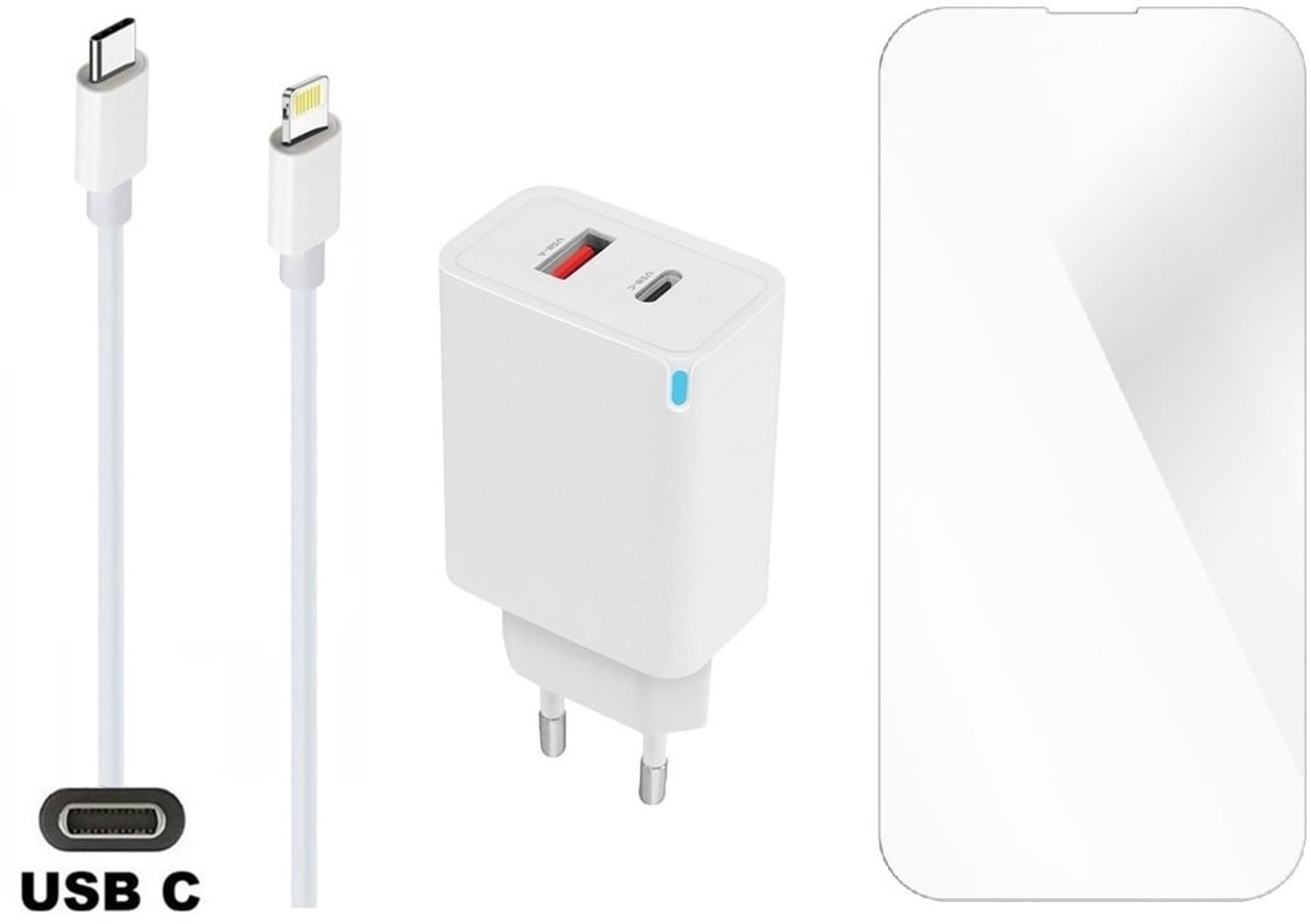 OneOne 45W super snellader met 2 poorten en screenprotector van glas voor iPhone 14 Pro Max + 2,0m USB C naar Lightning kabel. PD lader. Universele oplader adapter. Glazen screenprotector past op Apple iPhone 14 Pro Max