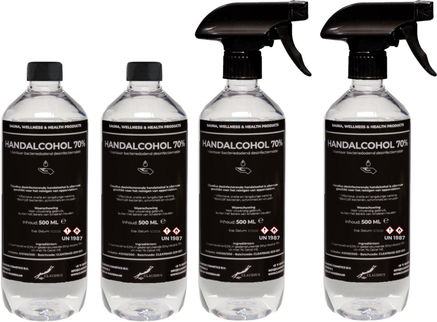 Handalcohol spray 70% - 2 x 500 ml met spraykop + 2 x 500 ml met dop