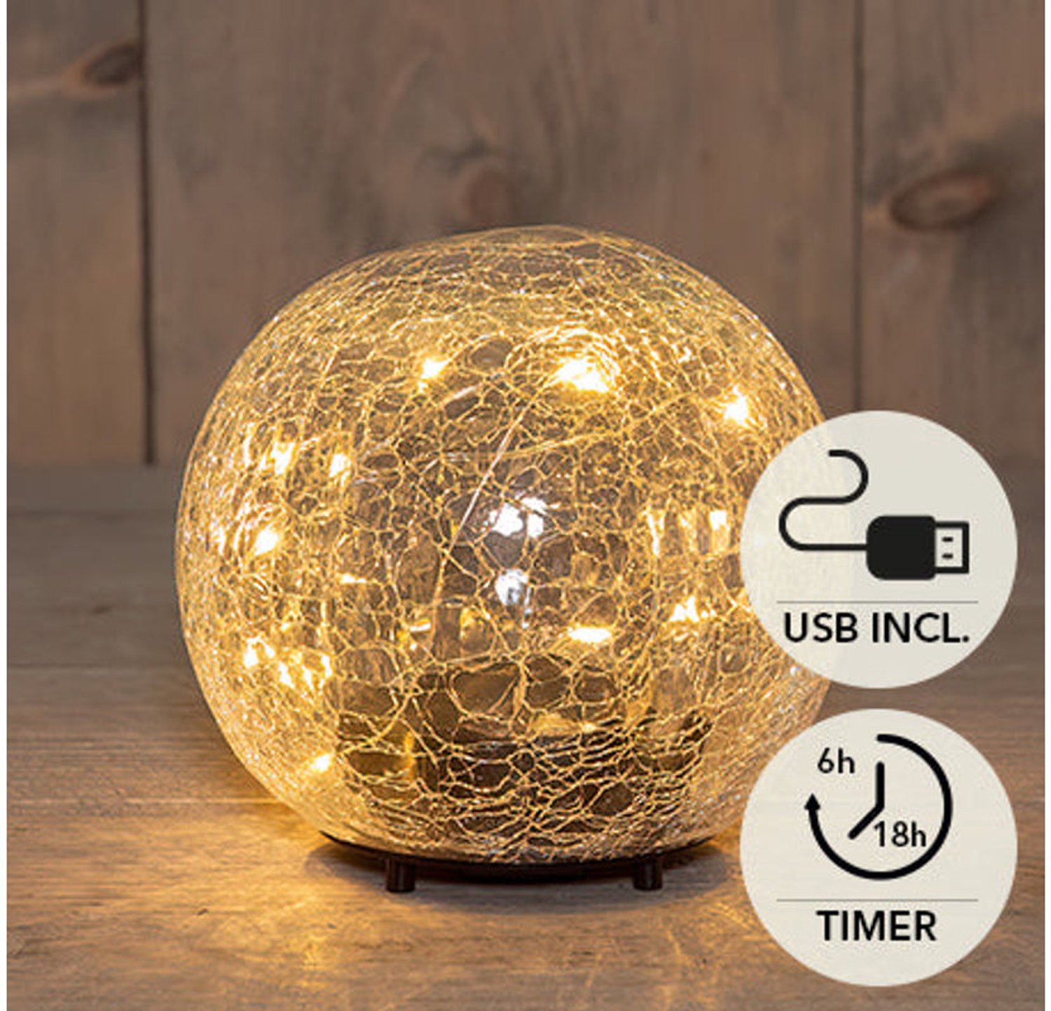 Luxe LED Glazen Bol Crackle – Ø 12 cm – Oplaadbaar via USB (Incl. Kabel) – 15 Classic LED Lampjes – Sfeerlicht met Timer – Anna's Collection