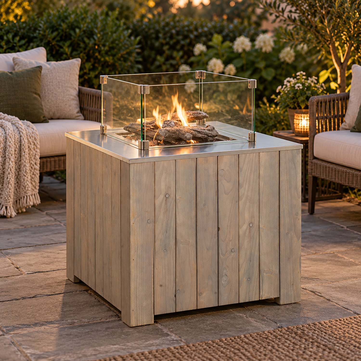 CosiCube- Vuurtafel - 70x70x58cm - Terrasverwarmer - Terraswarmer - Complete Set - Vuurtafel op Gas - Voor Binnen en Buiten - Tuintafel - Tuinhaard - Met mBar Regelaar met Gasslang, Keramische Houtblokken, Lavastenen, Batterij en Afdekplaat - Hout – foto 3