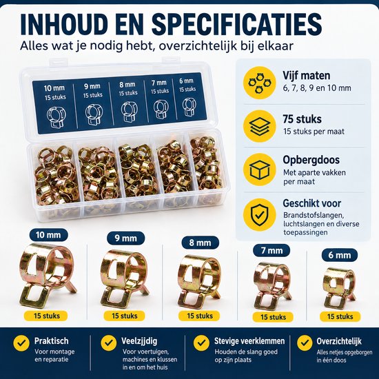 BukkitBow - Metalen Slangklemmen - Verzinkte Veerklemmen in Opbergdoos - Assortiment Slangklemmen 6 t/m 10mm voor Brandstof en Luchtslangen - Set van 75 Metalen Slangklemmen van Merkloos — afbeelding 5