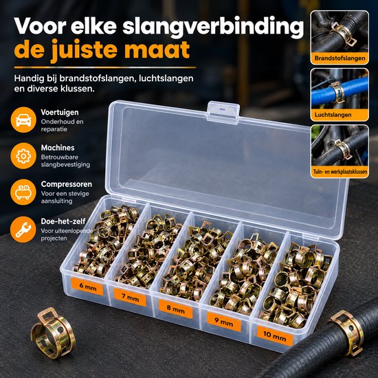 BukkitBow - Metalen Slangklemmen - Verzinkte Veerklemmen in Opbergdoos - Assortiment Slangklemmen 6 t/m 10mm voor Brandstof en Luchtslangen - Set van 75 Metalen Slangklemmen van Merkloos — afbeelding 3