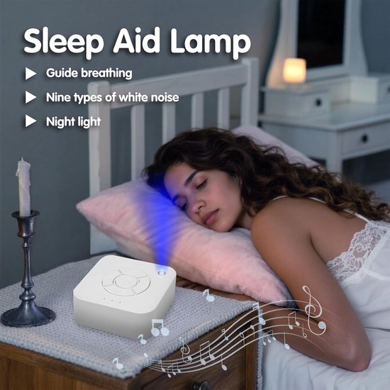 White Noise-slaapmachine – Geschikt voor volwassenen en baby's – 9 ingebouwde rustgevende geluiden – Oplaadbaar – Voorzien van LED-ademhalingslicht – Timerfunctie – Geschikt voor thuis, op kantoor, op reis (Wit – 8 x 8 x 3,3 cm) — afbeelding 4