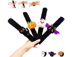 Pluche Halloween-klaparmband – 4-delige set – Polsaccessoire met pluche figuur – 24,5 cm lang – Kostuum voor feestdagen – Klaparmband-speelgoed