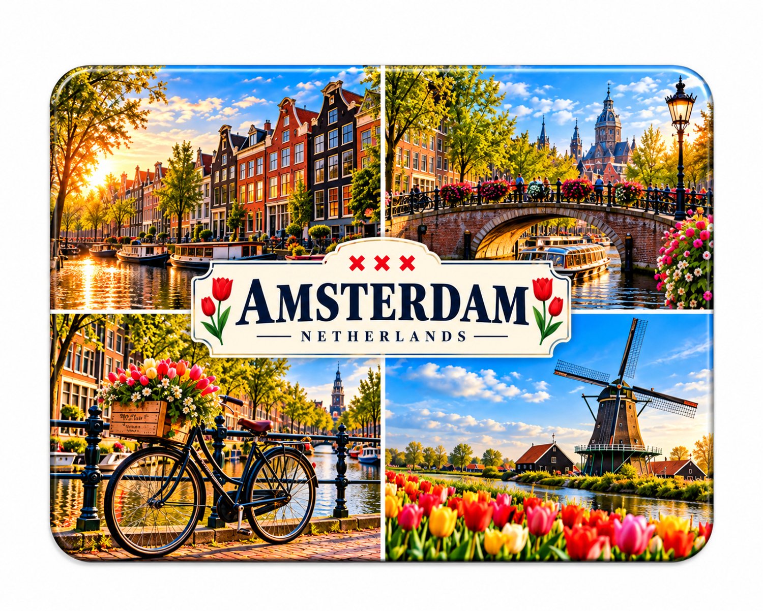 Amsterdam Koelkastmagneet MDF 9 x 7 cm – Souvenir met Grachten, Fiets, Molen en Tulpen