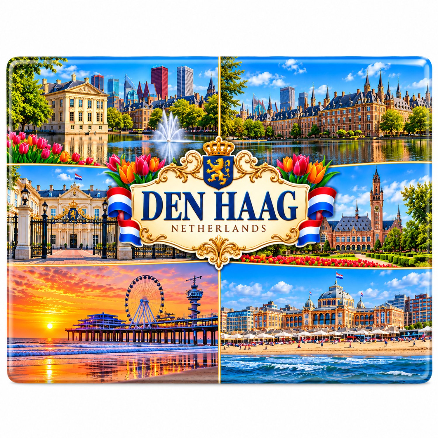 Den Haag Koelkastmagneet MDF 9 x 7 cm – Souvenir met Scheveningen en Haagse Stadsgezichten