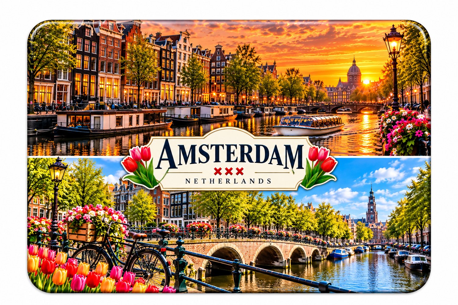 Amsterdam Koelkastmagneet MDF 9 x 7 cm – Souvenir met Grachten, Tulpen en Stadsgezichten