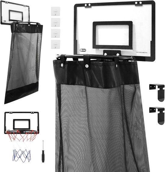 Kit de pièces : panneau de basket, sac à linge en filet noir, crochets, filet et tournevis pour le montage.