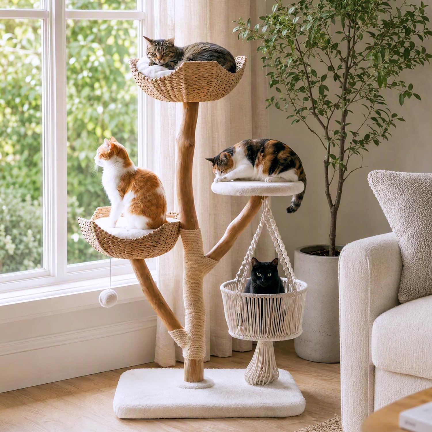 LITTLE TREE Kattenboom voor Binnen - 60 x 50 x 115 cm - Geweven Manden - Modern Design - Bruin