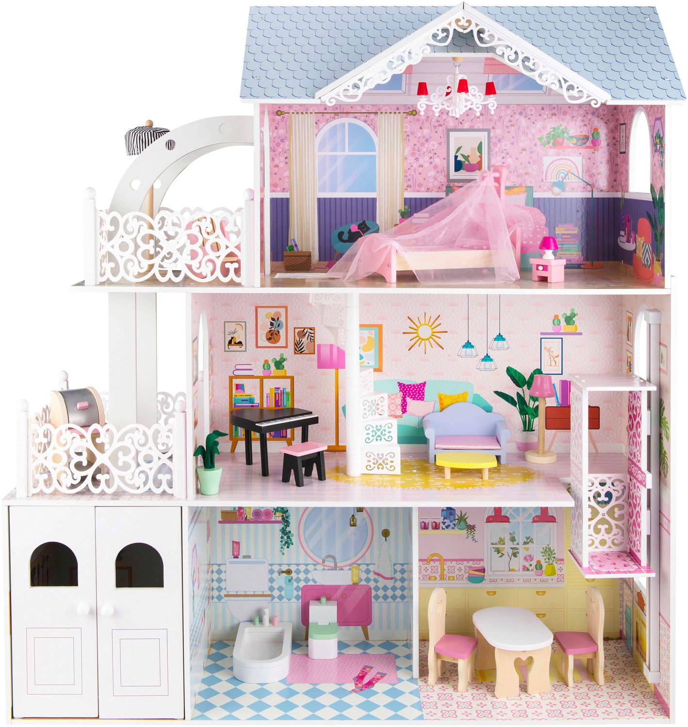 Sunny Hannah Poppenhuis XXL – 109,5 x 35,5 x 122,3 cm – Houten Poppenhuis met Beweegbare Lift – 3 Verdiepingen en 7 Kamers – Inclusief 17 Accessoires – Voor Modepoppen tot 29 cm – Vanaf 3 Jaar
