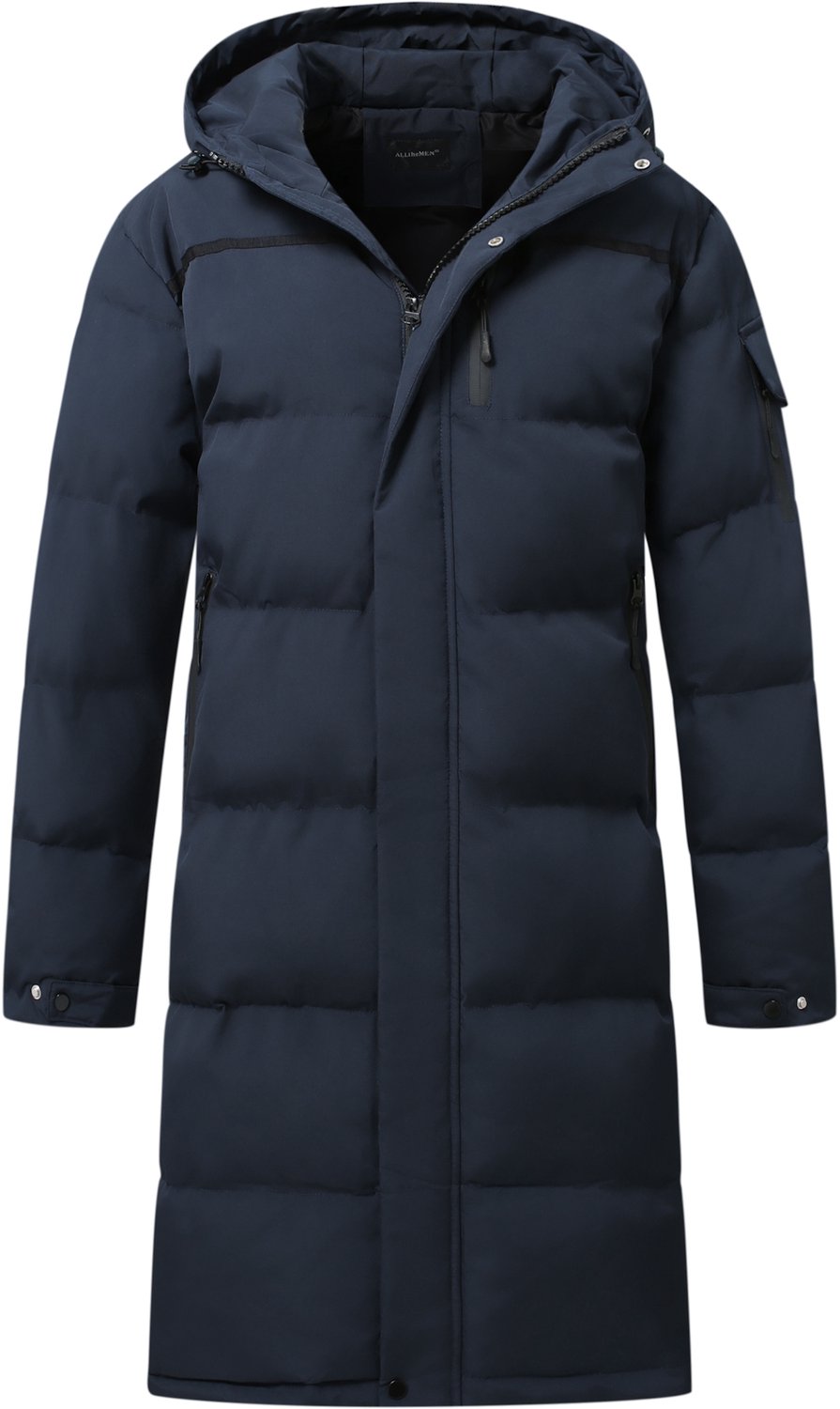 ALLTHEMEN Heren Lange Gewatteerde Winterjas met Capuchon Warm Winddicht Blauw