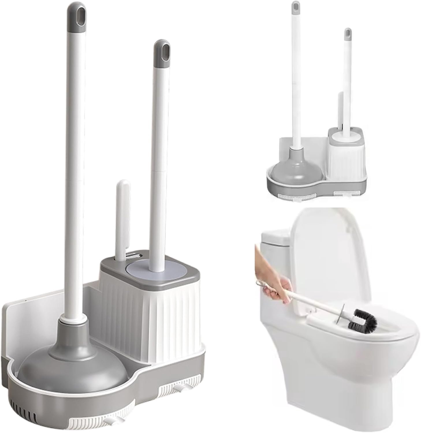 KZQ 3-in-1 toiletborstel- en ontstopper-set – Inclusief voegenborstel – Staand of wandgemonteerd – Met opberghouder – Ruimtebesparend – Grijs & wit