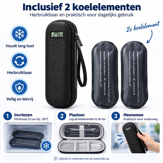 Insuline Koeltas - Met Temperatuurweergave - 2 Ice Packs - Diabetes Etui - Medicatie Koeltas - Zwart — afbeelding 2