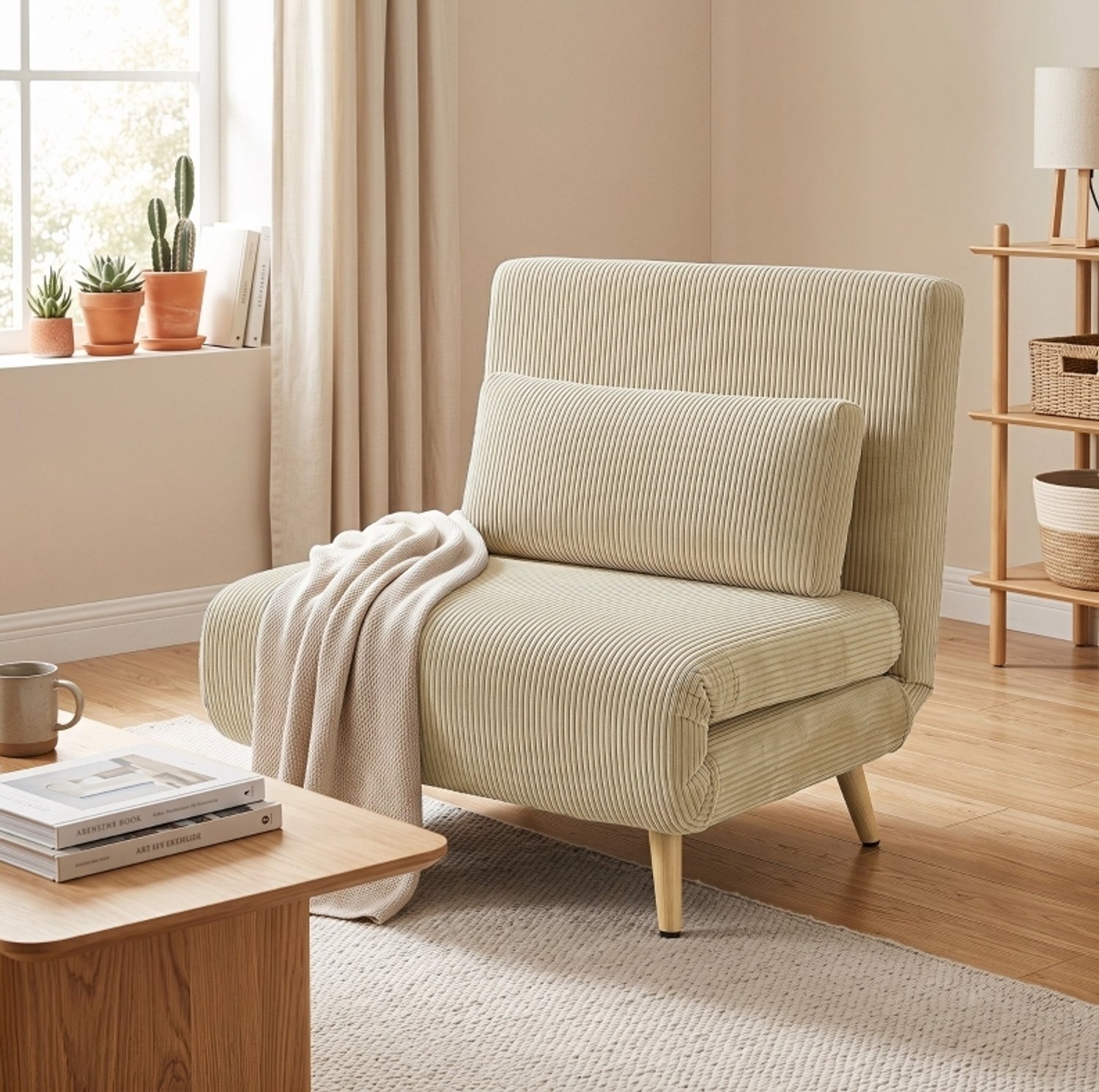STILVORA Slaapfauteuil 3-in-1 90 x 190 Cm - Uitklapbaar Met Zesvoudig Verstelbare Rugleuning - Zonder Armleuningen - Voor Logeerkamer - Cord Beige