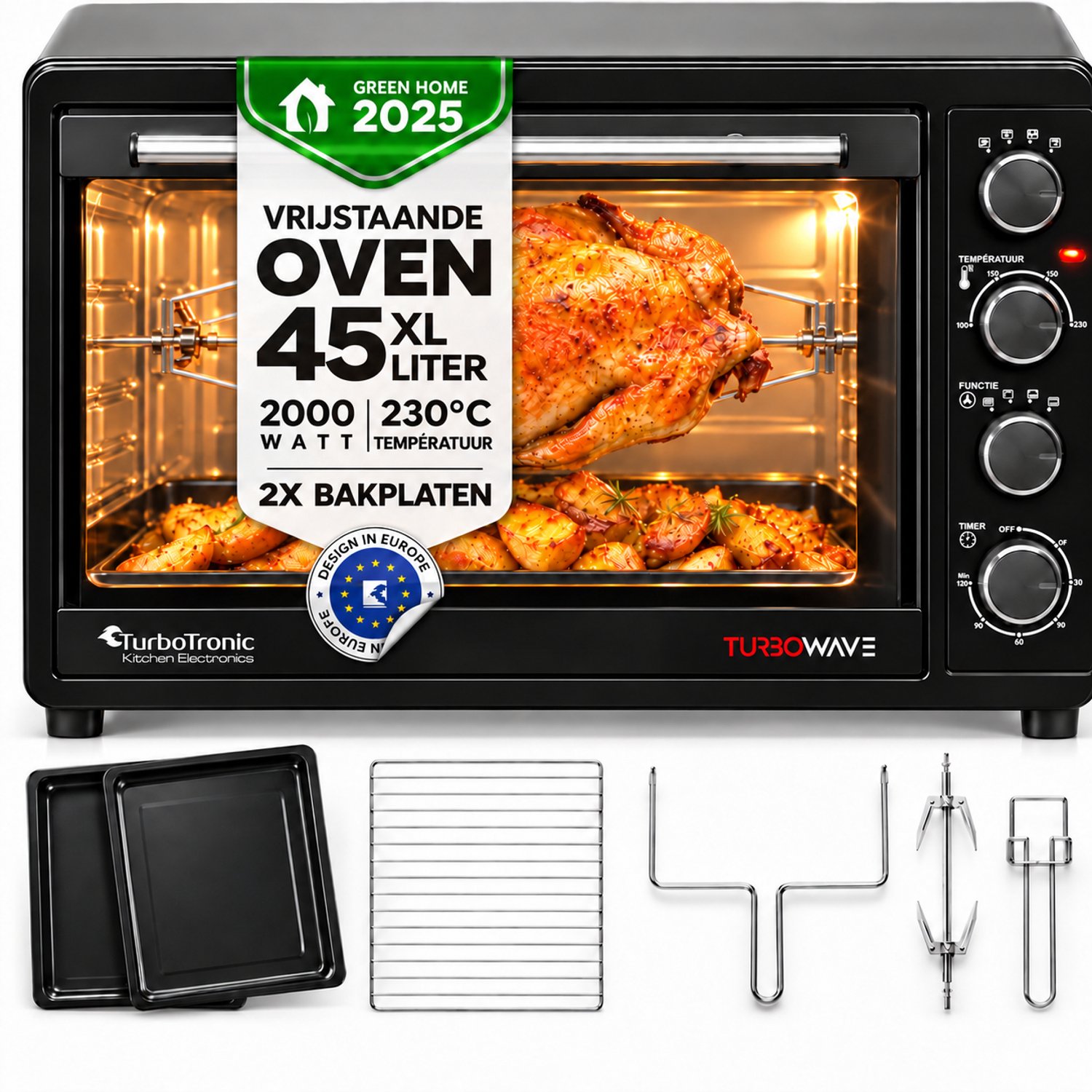 TurboTronic EV45 Vrijstaande Oven - 45L - Instelbare temperatuur en timer - accessoires - Zwart