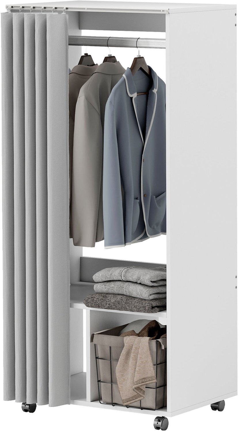 TEKOA® Kledingkasten - Verrijdbare garderobe-/opbergkast - met gordijn en kledingroede - 60 x 40 x 128 cm - wit